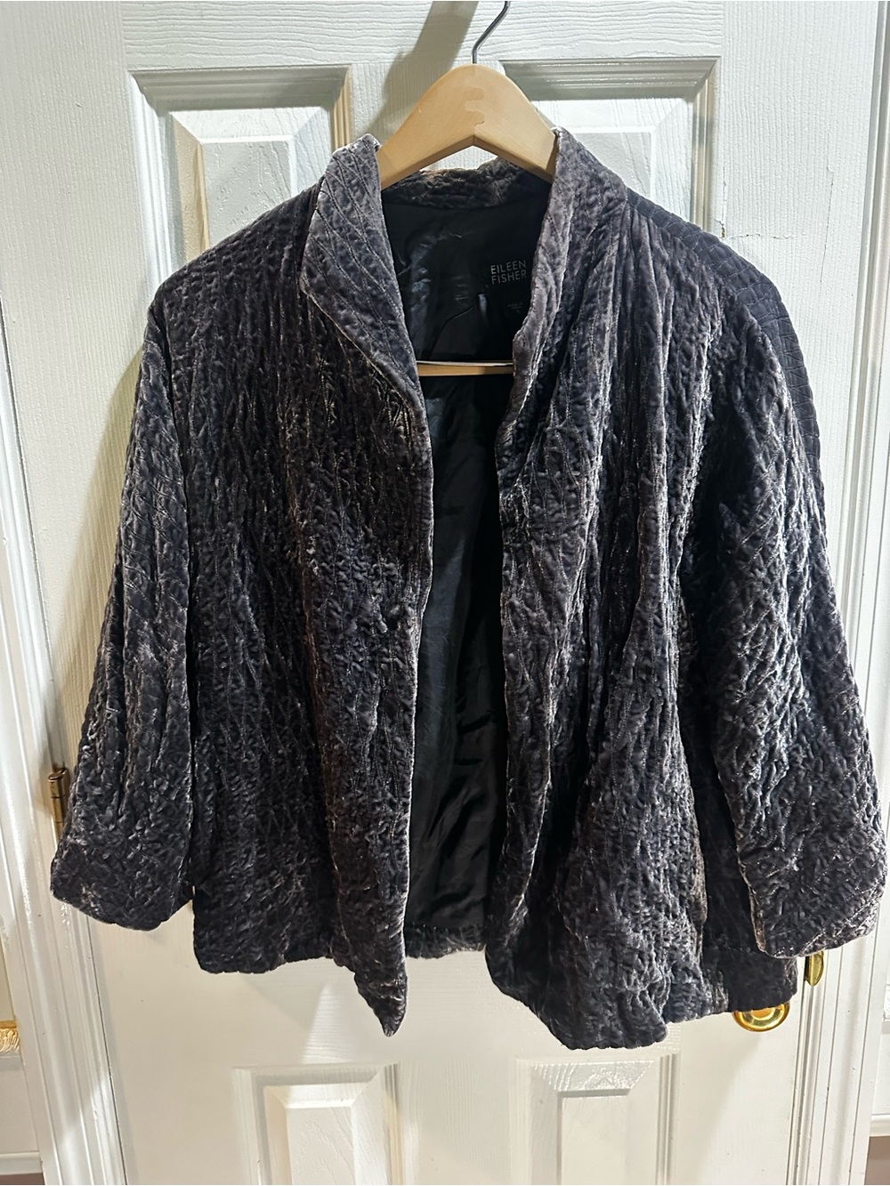 Eileen Fisher Quilted Velvet Lattice Open Front Jacket Crushed Gray 3/4 Sleeve S - Picture 1 of 6